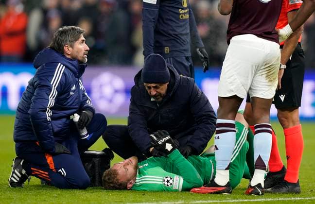 Birmingham, England, 27th November 2024. Juventus goalkeeper Michele Di Gregorio receives treatment during the UEFA Champions League match at Villa Park, Birmingham. Picture credit should read: Andrew Yates Sportimage EDITORIAL USE ONLY. No use with unauthorised audio, video, data, fixture lists, club league logos or live services. Online in-match use limited to 120 images, no video emulation. No use in betting, games or single club league player publications. SPI-3485-0042