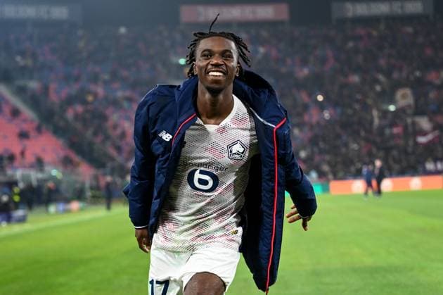 LillaÃ¢ÂÄÂ™s Ngal ayel Mukau celebrates a victory at the end of match during Bologna FC vs LOSC Lille, UEFA Champions League football match in Bologna, Italy, November 27 2024  Copyright: xAlessioxMarini IPAxSportx xipa-ax xx IPA_51923219 IPA_Agency_IPA51923219