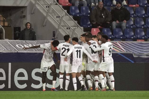 Lille s Ngal ayel Mukau celebrates after scoring the 1-2 goal for his team during the Uefa Champions League 2024 2025 soccer match between Bologna and Lille at Renato Dall Ara Stadium - Soccer - Bologna, Italy - Wednesday November 27, 2024  Copyright: xMassimoxPaolone LaPressex