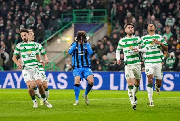 Maxim De Cuyper of Club Brugge reacts after his shot at goal was saved by Celtic goalkeeper Kasper Schmeichel. Celtic v Club Brugge, UEFA Champions League, Group Stage, Football, Celtic Park, Glasgow, Scotland, UK - 27 Nov 2024 EDITORIAL USE ONLY No use with unauthorised audio, video, data, fixture lists, club league logos or live services. Online in-match use limited to 120 images, no video emulation. No use in betting, games or single club league player publications. Copyright: xStuartxWallace Shutterstockx 14945035cs