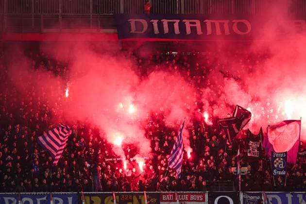 Zagreb, 27.11.2024. - Maksimir Stadium, UEFA CHAMPIONS LEAGUE - 2024 25, League phase, Matchday 5; GNK Dinamo - Borussia Dortmund. Dinamo supporters Bad Blue Boys burn red flares on North Stand. GNK Dinamo - Borussia Dortmund 