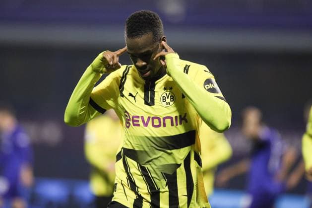 Zagreb, Croatia, 271124. Player Jamie Gittens celebrates the goal at the match of the 5th round of the UEFA Champions League, GNK Dinamo - Borussia Dortmund. Photo: Josip Bandic CROPIX Zagreb Copyright: xxJosipxBandicx xCROPIXx jb_dinamo_borussia26-271124