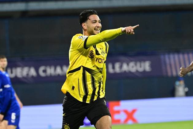 Zagreb, Croatia, 271124. Player Ramy Bensebaini celebrates the goal at the match of the 5th round of the UEFA Champions League, GNK Dinamo - Borussia Dortmund. Photo: Goran Mehkek CROPIX Zagreb Croatia Copyright: xxGoranxMehkekx xCROPIXx gm_dinamo_borussia69-271124
