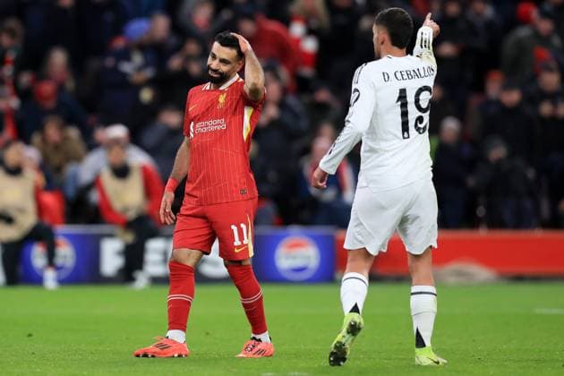 27th November 2024; Anfield, Liverpool, Merseyside, England; Champions League Football, Liverpool versus Real Madrid; Mohammed Salah of Liverpool reacts after his penalty miss  ActionPlus12720734 DavidxBlunsden