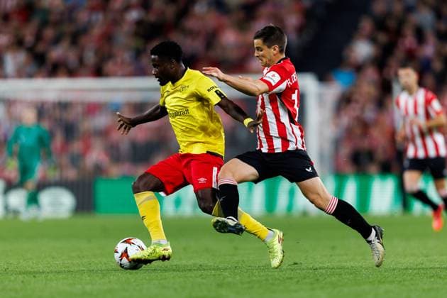 241128 Michael Baidoo of Elfsborg and Mikel Jauregizar of Athletic Bilbao during the Europa League match between Athletic Bilbao and Elfsborg on November 28, 2024 in Bilbao Photo Bildbyran EXT BILDBYRAN kod XY XZ0198 fotboll football soccer fotball uefa europa league europa league athletic bilbao elfsborg bbeng  Copyright: BILDBYRANxEXT BB241128BB798