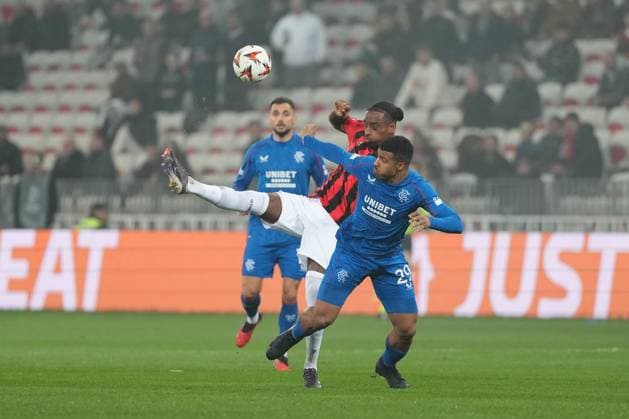 Pablo Rosario of Nice out muscles Hamza Igamane of Rangers Nice v Rangers, UEFA Europa League, Group Stage, Football, Allianz Riviera, Nice, France - 28 Nov 2024 EDITORIAL USE ONLY No use with unauthorised audio, video, data, fixture lists, club league logos or live services. Online in-match use limited to 120 images, no video emulation. No use in betting, games or single club league player publications. Copyright: xDavexWinter Shutterstockx 14945054w