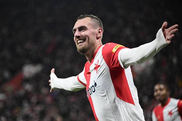 Tomas Chory (Slavia) celebrates a goal during the UEFA Europa League, 5th round match: SK Slavia Praha - Fenerbahce Istanbul, in Prague, Czech Republic, on November 28, 2024. (CTKxPhoto OndrejxDeml) CTKPhotoP2024112808219  CTKPhotoP2024112808219