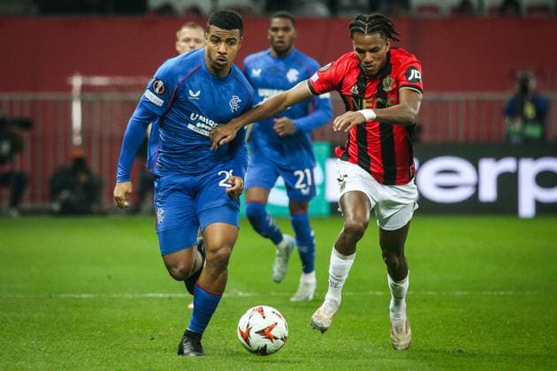 November 28, 2024, Nice, France, France: Hamza IGAMANE of Glasgow Rangers and Hicham BOUDAOUI of Nice during the UEFA Europa League, League Phase MD5 match between OGC Nice and Rangers FC at Allianz Riviera Stadium on November 28, 2024 in Nice, France. Nice France - ZUMAm308 20241128_zsp_m308_003 Copyright: xMatthieuxMirvillex