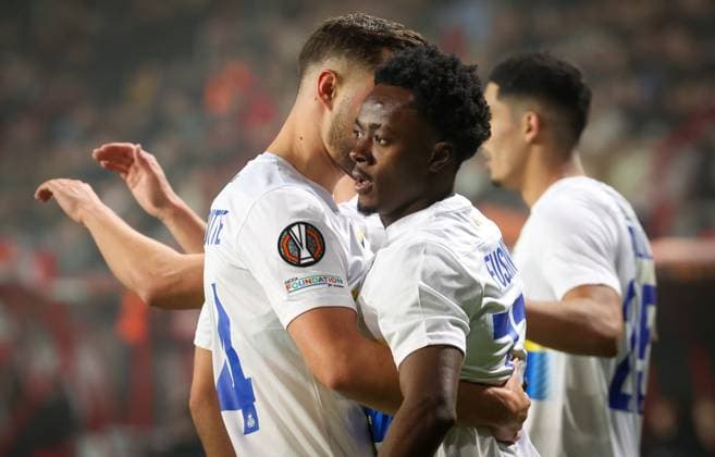 Union s Mohammed Fuseini celebrates after scoring during a soccer game between Dutch FC Twente and Belgian Royale Union Saint-Gilloise, on Thursday 28 November 2024 in Enschede, the Netherlands, on day 5 of the League phase of the UEFA Europa League tournament. VIRGINIExLEFOUR  x106710855x