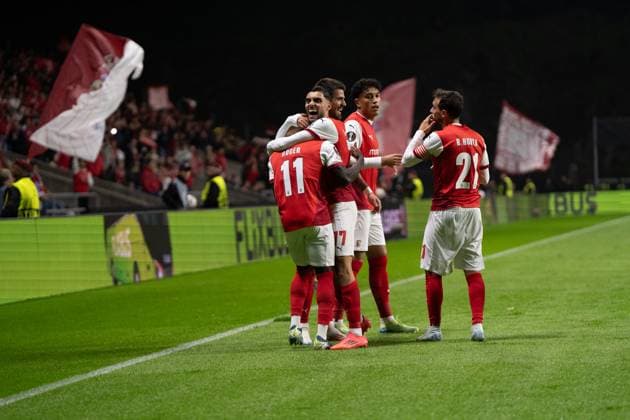 jogo Roger Fernandes do Sporting Clube de Braga a celebrar um golo no jogo SC Braga vs TSG Hoffenein cidade estadio Portugal Copyright: xSmileShutter8x