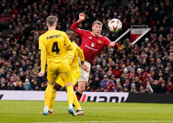Manchester, England, 28th November 2024. Rasmus Hojlund of Manchester United, ManU scores their second goal during the UEFA Europa League match at Old Trafford, Manchester. Picture credit should read: Andrew Yates Sportimage EDITORIAL USE ONLY. No use with unauthorised audio, video, data, fixture lists, club league logos or live services. Online in-match use limited to 120 images, no video emulation. No use in betting, games or single club league player publications. SPI-3487-0058