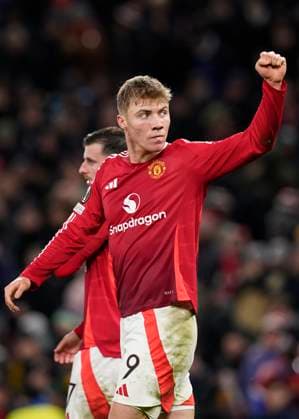 Manchester, England, 28th November 2024. Rasmus Hojlund of Manchester United, ManU celebrates scoring their second goal during the UEFA Europa League match at Old Trafford, Manchester. Picture credit should read: Andrew Yates Sportimage EDITORIAL USE ONLY. No use with unauthorised audio, video, data, fixture lists, club league logos or live services. Online in-match use limited to 120 images, no video emulation. No use in betting, games or single club league player publications. SPI-3487-0063