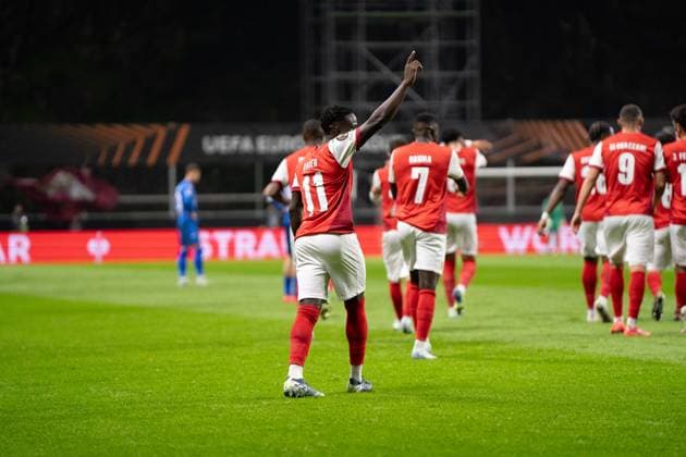 jogo Roger Fernandes do Sporting Clube de Braga a celebrar um golo no jogo SC Braga vs TSG Hoffenein cidade estadio Portugal Copyright: xSmileShutter8x