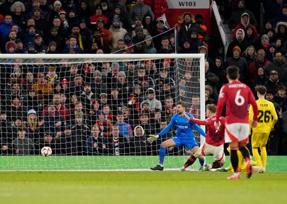 Manchester, England, 28th November 2024. Rasmus Hojlund of Manchester United, ManU scores the third goal during the UEFA Europa League match at Old Trafford, Manchester. Picture credit should read: Andrew Yates Sportimage EDITORIAL USE ONLY. No use with unauthorised audio, video, data, fixture lists, club league logos or live services. Online in-match use limited to 120 images, no video emulation. No use in betting, games or single club league player publications. SPI-3487-0071