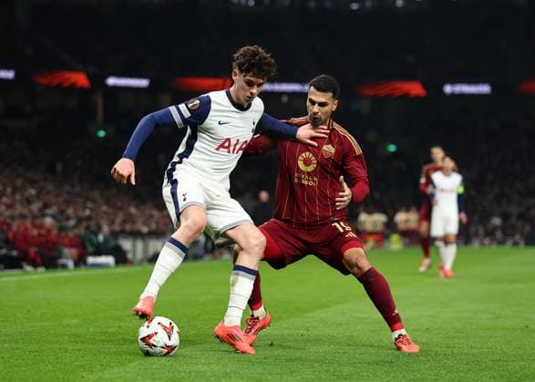 28th November 2024; Tottenham Hotspur Stadium, London, England; UEFA Europa League Football, Tottenham Hotspur versus Roma; Archie Gray of Tottenham Hotspur blocks the ball from Zeki Celik of Roma of Roma  ActionPlus12720859 JohnxPatrickxFletcher