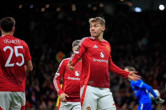 Manchester United, ManU v Bodo Glimt Europa League 28 11 2024. Matchday 5 of 8 GOAL Rasmus Hojlund (9) of Manchester United celebrates scoring to make it 3-2 during the Europa League match between Manchester United and Bodo Glimt at Old Trafford, Manchester, England on 28 November 2024. Manchester Old Trafford Greater Manchester England Editorial use only , Copyright: xConorxMolloyx PSI-20898-0061