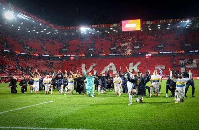 Union s Mohammed Fuseini celebrates after winning a soccer game between Dutch FC Twente and Belgian Royale Union Saint-Gilloise, on Thursday 28 November 2024 in Enschede, the Netherlands, on day 5 of the League phase of the UEFA Europa League tournament. VIRGINIExLEFOUR  x106721166x