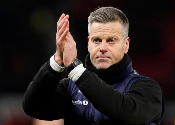 Manchester, England, 28th November 2024. Kjetil Knutsen coach of FK Bodo Glimt during the UEFA Europa League match at Old Trafford, Manchester. Picture credit should read: Andrew Yates Sportimage EDITORIAL USE ONLY. No use with unauthorised audio, video, data, fixture lists, club league logos or live services. Online in-match use limited to 120 images, no video emulation. No use in betting, games or single club league player publications. SPI-3487-0098