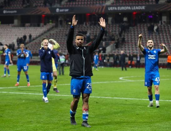 Hamza Igamane of Rangers applauds the fans during the Europa League group phase match at The Allianz Riviera, Nice. Nice v Rangers, UEFA Europa League, Group Stage, Football, Allianz Riviera, Nice, France - 28 Nov 2024 EDITORIAL USE ONLY No use with unauthorised audio, video, data, fixture lists, club league logos or live services. Online in-match use limited to 120 images, no video emulation. No use in betting, games or single club league player publications. Copyright: xKirkxO Rourke RangersxFC Shutterstockx 14951059jx
