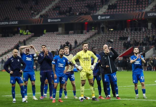 Rangers applauds the fans during the Europa League group phase match at The Allianz Riviera, Nice. Nice v Rangers, UEFA Europa League, Group Stage, Football, Allianz Riviera, Nice, France - 28 Nov 2024 EDITORIAL USE ONLY No use with unauthorised audio, video, data, fixture lists, club league logos or live services. Online in-match use limited to 120 images, no video emulation. No use in betting, games or single club league player publications. Copyright: xKirkxO Rourke RangersxFC Shutterstockx 14951059jw