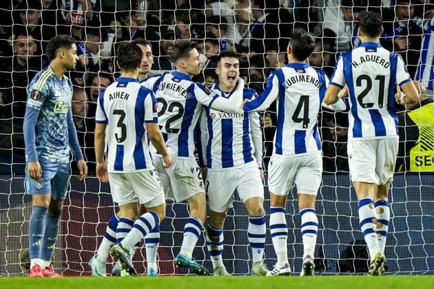 SAN SEBASTIAN - Ander Barrenetxea of Real Sociedad celebrates the 1-0 during the UEFA Europa League match between Real Sociedad and Ajax Amsterdam at the Reala Arena on Nov. 28, 2024 in San Sebastian, Spain. ANP TOBIAS KLEUVER UEFA Europa League 2024 25 League Phase MD5 2024 25 xVIxANPxSportx xxANPxIVx 514480172 originalFilename: 514480172.jpg