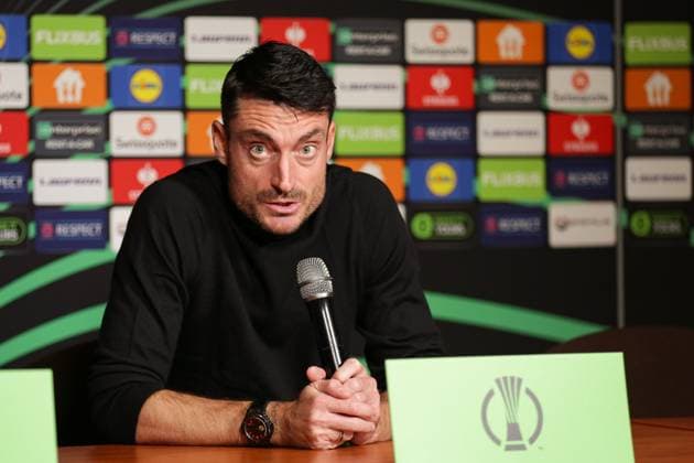 November 28, 2024, Celje, Slovenia: Coach Albert Riera of NK Celje seen at a press conference, PK, Pressekonferenz before the UEFA Conference League 2024 2025 match between NK Celje and Jagiellonia Bialystok at Stadium Zdezele. Final score; NK Celje 3:3 Jagiellonia Bialystok. Celje Slovenia - ZUMAs197 20241128_aaa_s197_295 Copyright: xGrzegorzxWajdax