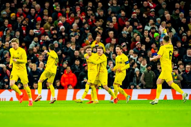 Football, Europa League Manchester United Bodo Glimt Manchester, United Kingdom 20241128 Bodo Glimts Hakon Evjen cheers with teammates after 0 1 scored during the Europa League football match between Manchester United and Bodo Glimt at Old Trafford Photo Fredrik Varfjell NTB Manchester United Kingdom EDITORIAL USE ONLY RESTRICTED USE FOR BETTING COMPANIES  Copyright: xFredrikxVarfjellx xNTBx