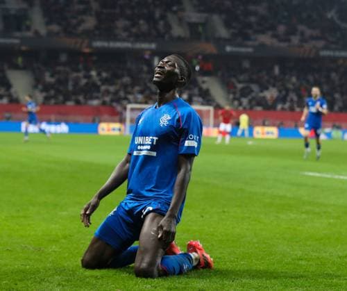 Mohamed Diomande of Rangers celebrates scoring his sides second goal during the Europa League group phase match at The Allianz Riviera, Nice. Nice v Rangers, UEFA Europa League, Group Stage, Football, Allianz Riviera, Nice, France - 28 Nov 2024 EDITORIAL USE ONLY No use with unauthorised audio, video, data, fixture lists, club league logos or live services. Online in-match use limited to 120 images, no video emulation. No use in betting, games or single club league player publications. Copyright: xKirkxO Rourke RangersxFC Shutterstockx 14951059co