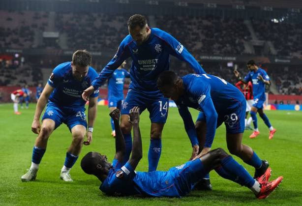 Mohamed Diomande of Rangers celebrates scoring his sides second goal during the Europa League group phase match at The Allianz Riviera, Nice. Nice v Rangers, UEFA Europa League, Group Stage, Football, Allianz Riviera, Nice, France - 28 Nov 2024 EDITORIAL USE ONLY No use with unauthorised audio, video, data, fixture lists, club league logos or live services. Online in-match use limited to 120 images, no video emulation. No use in betting, games or single club league player publications. Copyright: xKirkxO Rourke RangersxFC Shutterstockx 14951059dc