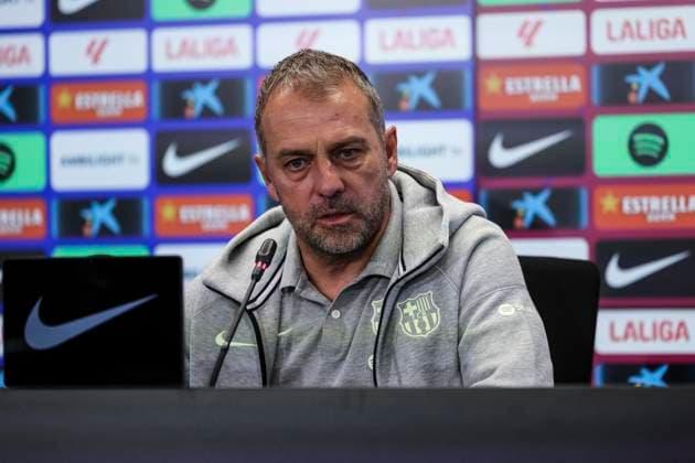 November 29, 2024, Sant Joan Despi, Barcelona, SPAIN: Hansi Flick, head coach of FC Barcelona, Barca attends his press conference, PK, Pressekonferenz during the training day of FC Barcelona ahead the Spanish League, La Liga EA Sports, football match against UD Las Palmas at Ciudad Esportiva Joan Gamper on November 29, 2024 in Sant Joan Despi, Barcelona, Spain. Sant Joan Despi SPAIN - ZUMAa181 20241129_zaa_a181_076 Copyright: xJavierxBorregox