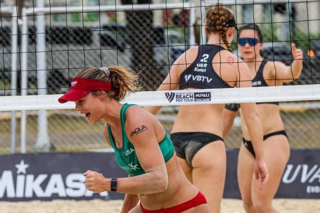 (241129) -- LAGUNA PROVINCE, Nov. 29, 2024 -- Hailey Harward (front) of the United States reacts after scoring a point during the women s pool E match between the United States and Germany at the 2024 Volleyball World Beach Pro Tour Challenge in Laguna Province, the Philippines, Nov. 29, 2024. ) (SP)PHILIPPINES-LAGUNA PROVINCE-VOLLEYBALL WORLD BEACH PRO TOUR CHALLENGE RouellexUmali 