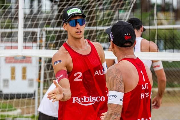 (241129) -- LAGUNA PROVINCE, Nov. 29, 2024 -- Paul Pascariuc (L) and Alexander Horst of Austria celebrate after scoring a point during the men s pool A match between Paul Pascariuc Alexander Horst of Austria and Christoph Dressler Tim Berger of Austria at the 2024 Volleyball World Beach Pro Tour Challenge in Laguna Province, the Philippines, Nov. 29, 2024. ) (SP)PHILIPPINES-LAGUNA PROVINCE-VOLLEYBALL WORLD BEACH PRO TOUR CHALLENGE RouellexUmali 