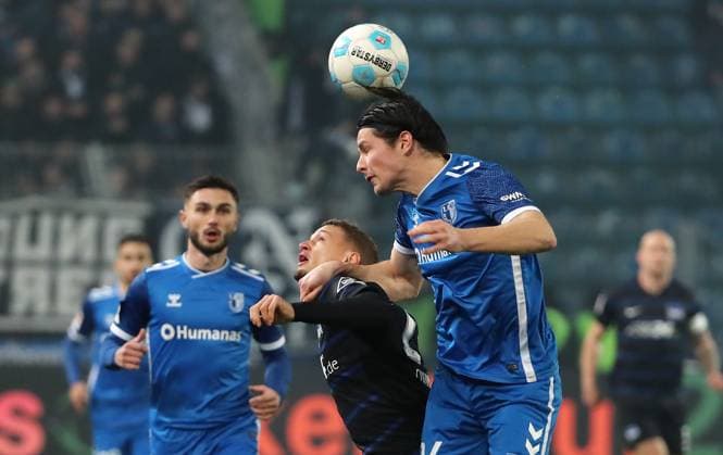 Michael Cuisance, Jean Hugonet duel Match scene Action Sport Football Soccer 2 Bundesliga Men 14 Matchday Season 2024 2025 29 11 2024 1 FC Magdeburg FCM vs Hertha BSC Berlin DFL regulations prohibit any use of photographs as image sequences and or quasi video