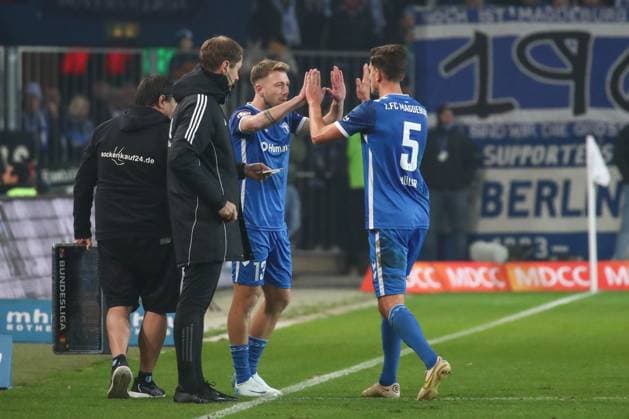 29 11 2024, xgox, Soccer 2 Bundesliga, 1 FC Magdeburg Hertha BSC Berlin emspor, v l Connor Krempicki Magdeburg, 13 , Tobias Mueller Müller, Magdeburg, 5 substitution, change substitution, change DFL DFB REGULATIONS PROHIBIT ANY USE OF PHOTOGRAPHS as IMAGE SEQUENCES and or QUASI VIDEO Magdeburg