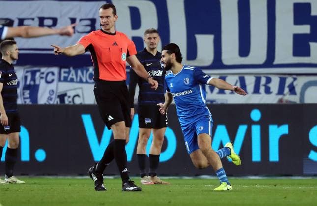 Mohammed El Hankouri cheers after 1 0 joy emotion jubilation Sport Football Soccer 2 Bundesliga Men 14 Matchday Season 2024 2025 29 11 2024 1 FC Magdeburg FCM vs Hertha BSC Berlin DFL regulations prohibit any use of photographs as image sequences and or quasi video