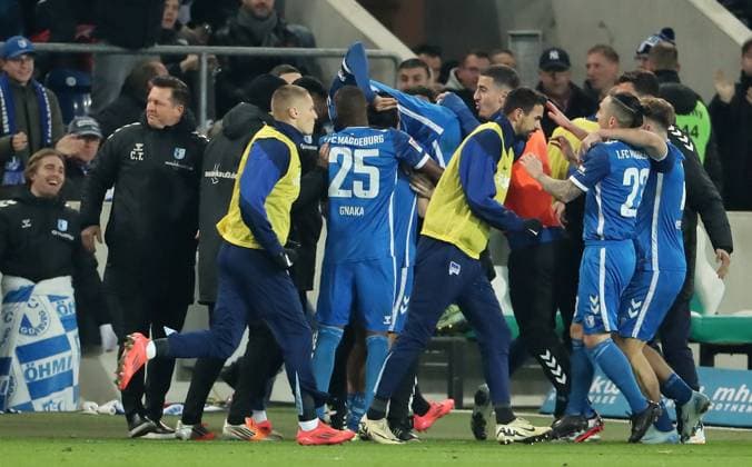 Mohammed El Hankouri cheers after 1 0 with the team Joy Emotion Cheering Sport Football Soccer 2 Bundesliga Men 14 Matchday Season 2024 2025 29 11 2024 1 FC Magdeburg FCM vs Hertha BSC Berlin DFL regulations prohibit any use of photographs as image sequences and or quasi video