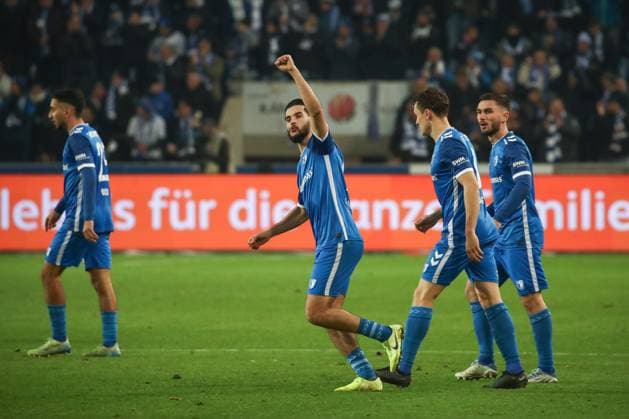 29 11 2024, xgox, Fußball 2 Bundesliga, 1 FC Magdeburg Hertha BSC Berlin emspor, v l Mohammed El Hankouri Magdeburg, 11 Jubel, Torjubel, jubelt ueber das Tor, celebrate the goal, celebration DFL DFB REGULATIONS PROHIBIT ANY USE OF PHOTOGRAPHS as IMAGE SEQUENCES and or QUASI VIDEO Magdeburg