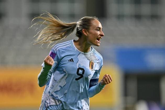 241129 UKRAINE VS BELGIUM Tessa Wullaert (9) of Belgium celebrates after scoring the 0-2 goal during a soccer game between the national teams of Ukraine and Belgium, called the Red Flames in the first leg of on the second play-off of the 2023-24 UEFA Women s European Qualifiers competition, on Friday 29 November 2024 in Antalya , Turkey . PHOTO SPORTPIX David Catry ANTALYA Turkey  Copyright: xx 486891