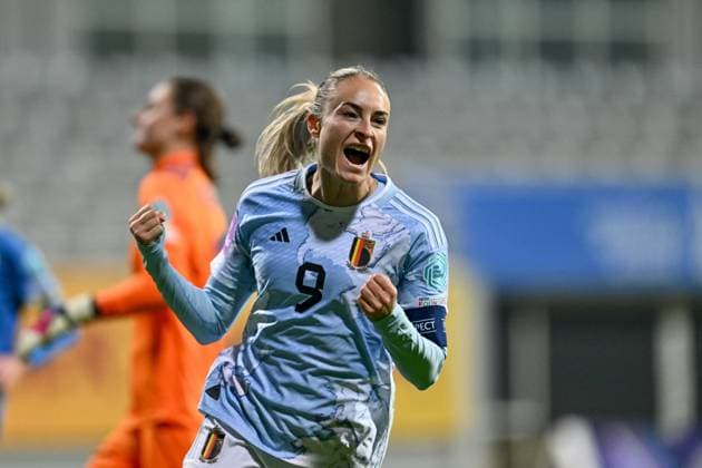 241129 UKRAINE VS BELGIUM Tessa Wullaert (9) of Belgium celebrates after scoring the 0-2 goal during a soccer game between the national teams of Ukraine and Belgium, called the Red Flames in the first leg of on the second play-off of the 2023-24 UEFA Women s European Qualifiers competition, on Friday 29 November 2024 in Antalya , Turkey . PHOTO SPORTPIX David Catry ANTALYA Turkey  Copyright: xx 486893