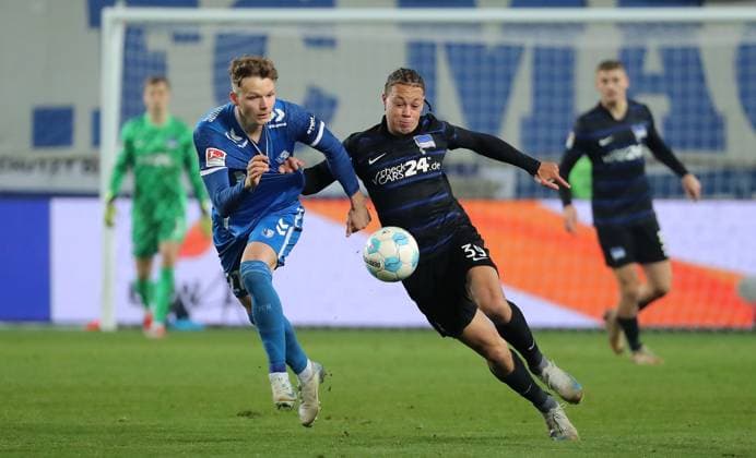 Philipp Hercher, Derry Scherhant duel match scene Action Sport Football Soccer 2 Bundesliga Men 14 Matchday Season 2024 2025 29 11 2024 1 FC Magdeburg FCM vs Hertha BSC Berlin DFL regulations prohibit any use of photographs as image sequences and or quasi video
