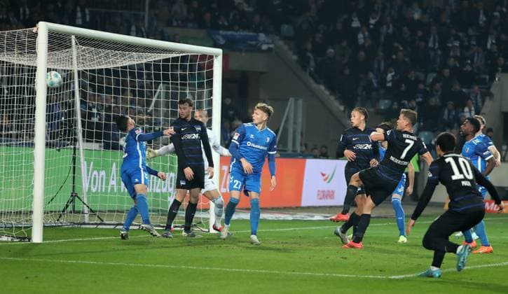 Florian Niederlechner scores the goal for 1 2 Sport Football Soccer 2 Bundesliga Men 14 Matchday Season 2024 2025 29 11 2024 1 FC Magdeburg FCM vs Hertha BSC Berlin DFL regulations prohibit any use of photographs as image sequences and or quasi video