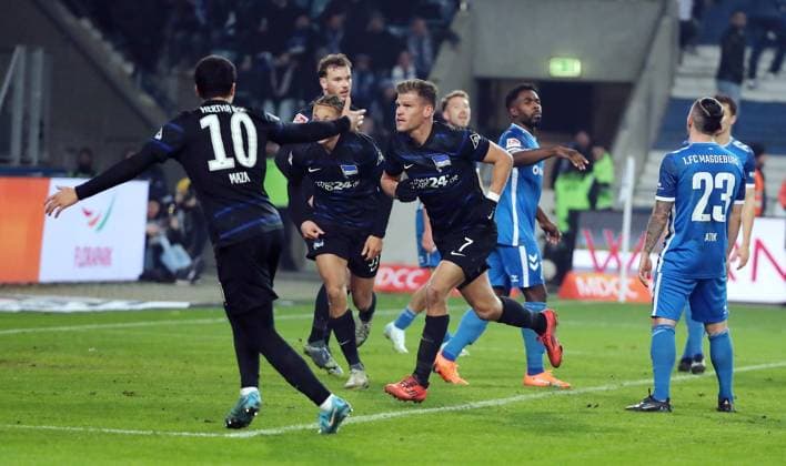 Florian Niederlechner cheers after 1 2 with Ibrahim Maza Joy Emotion Jubilation Sport Football Soccer 2 Bundesliga Men 14 Matchday Season 2024 2025 29 11 2024 1 FC Magdeburg FCM vs Hertha BSC Berlin DFL regulations prohibit any use of photographs as image sequences and or quasi video