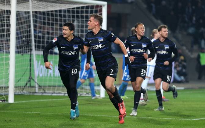 Florian Niederlechner cheers after 1 2 with Ibrahim Maza Joy Emotion Jubilation Sport Football Soccer 2 Bundesliga Men 14 Matchday Season 2024 2025 29 11 2024 1 FC Magdeburg FCM vs Hertha BSC Berlin DFL regulations prohibit any use of photographs as image sequences and or quasi video