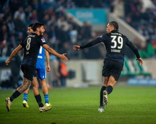 Soccer, Men, Season 2024 2025, 2 Bundesliga 14 Matchday , 1 FC Magdeburg Hertha BSC, f l Kevin Sessa Hertha BSC , Derry Scherhant Hertha BSC , Cheering after goal to 1 1, 29 11 2024, Copyright: xSebastianxRäppold MatthiasxKochx