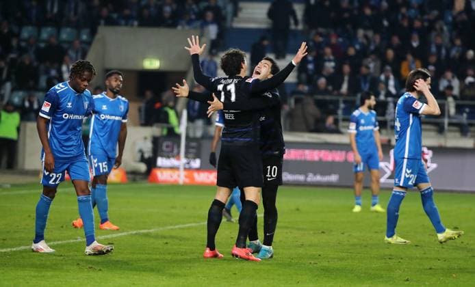 Fabian Reese celebrates after 1 3 by Luca Schuler, with Ibrahim Maza Joy Emotion Cheering Sport Football Soccer 2 Bundesliga Men 14 Matchday Season 2024 2025 29 11 2024 1 FC Magdeburg FCM vs Hertha BSC Berlin DFL regulations prohibit any use of photographs as image sequences and or quasi video