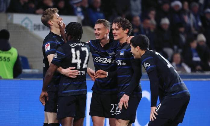 Luca Schuler cheers after 1 3 with Deyovaisio Zeefuik, Michael Cuisance, Fabian Reese, Ibrahim Maza Joy Emotion Cheering Joy Emotion Cheering Sport Football Soccer Soccer 2 Bundesliga Men 14 Matchday Season 2024 2025 29 11 2024 1 FC Magdeburg FCM vs Hertha BSC Berlin DFL regulations prohibit any use of photographs as image sequences and or quasi video