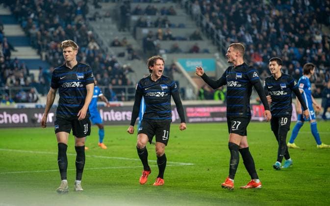 Soccer, Men, Season 2024 2025, 2 Bundesliga 14 Matchday , 1 FC Magdeburg Hertha BSC, f l Luca Schuler Hertha BSC , Fabian Reese Hertha BSC , Michael Cuisance Hertha BSC , Ibrahim Maza Hertha BSC , Celebration after goal to 1 3, 29 11 2024, Copyright: xSebastianxRäppold MatthiasxKochx