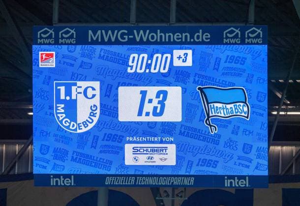 Soccer, Men, Season 2024 2025, 2 Bundesliga 14 Matchday , 1 FC Magdeburg Hertha BSC, Scoreboard with 1 3 Final Score, 29 11 2024, Copyright: xSebastianxRäppold MatthiasxKochx