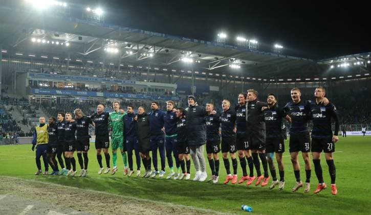 Hertha team celebrates 3 1 victory in front of the fans Joy Emotion Cheering after the end of the match Sport Football Soccer 2 Bundesliga Men 14 Matchday Season 2024 2025 29 11 2024 1 FC Magdeburg FCM vs Hertha BSC Berlin DFL regulations prohibit any use of photographs as image sequences and or quasi video