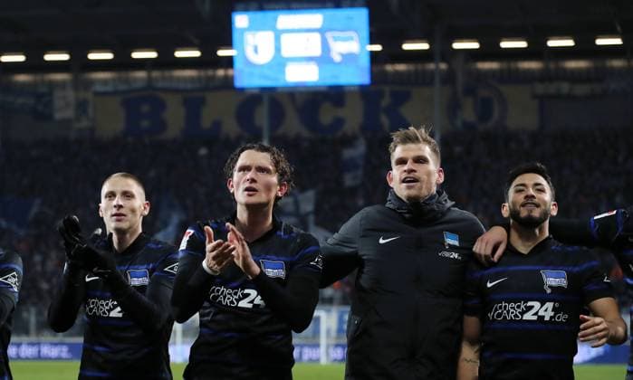 Palko Dardai, Fabian Reese, Florian Niederlechner, Kevin Diego Sessa, Hertha team celebrates 3 1 victory in front of the fans Joy Emotion Cheering after the end of the match Sports Football Soccer 2 Bundesliga Men 14 Matchday Season 2024 2025 29 11 2024 1 FC Magdeburg FCM vs Hertha BSC Berlin DFL regulations prohibit any use of photographs as image sequences and or quasi video